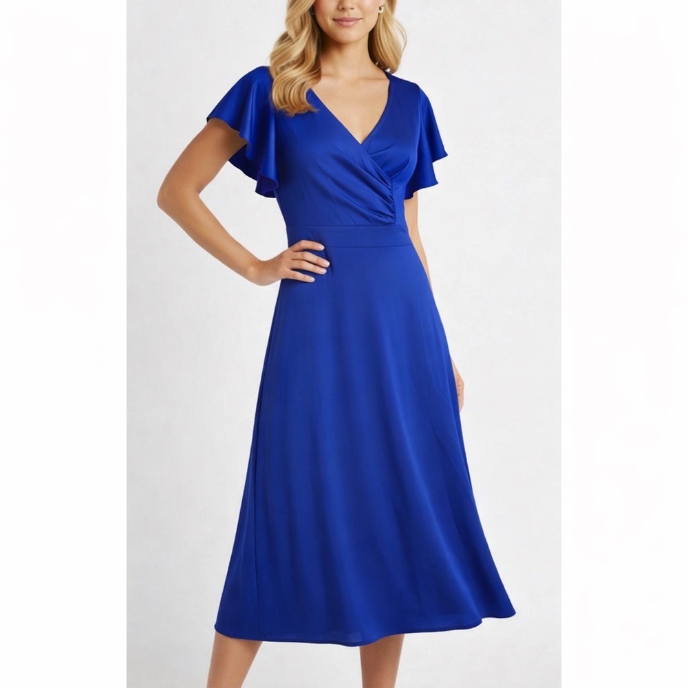 Elegant Flutter Sleeve V-Neck Midi Dress
